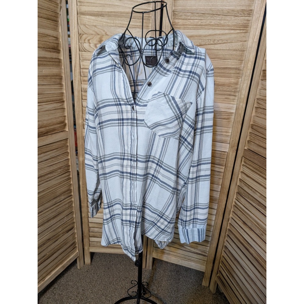 Free Press Women's Valley Button Down Shirt Long Sleeve Gray White Size Small